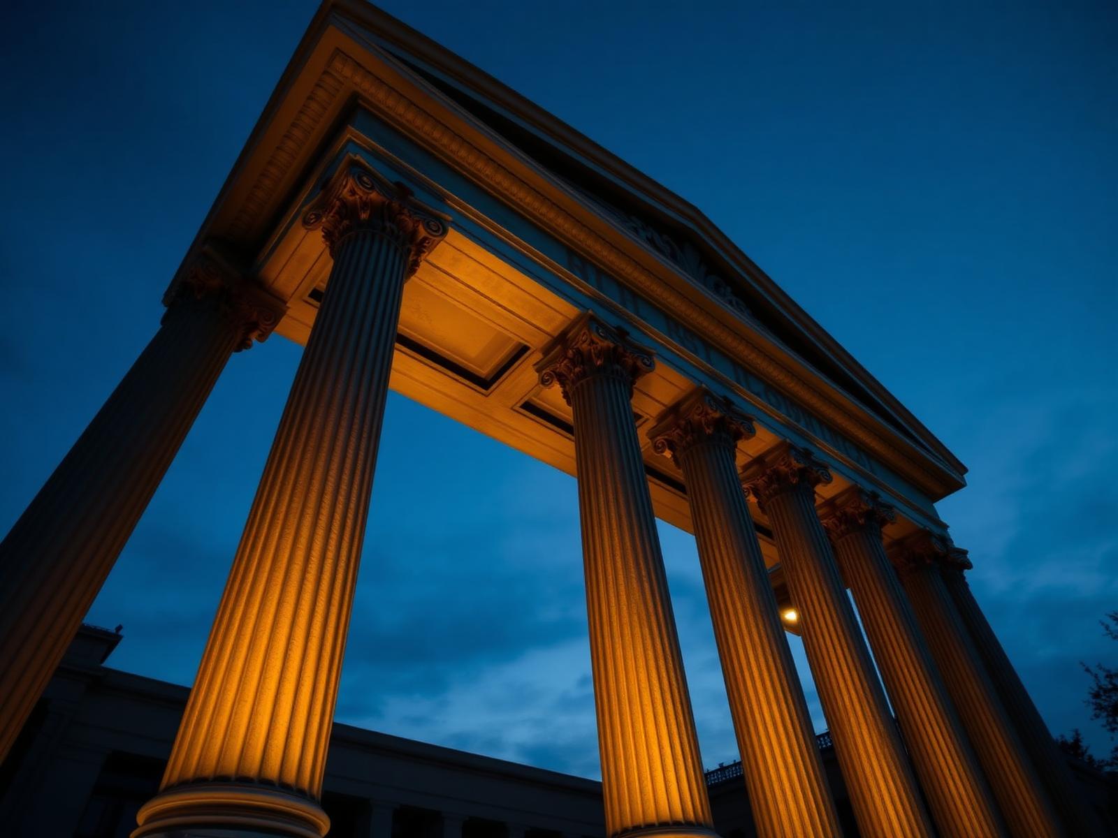 Illuminated classical courthouse columns at dusk symbolizing justice and freedom